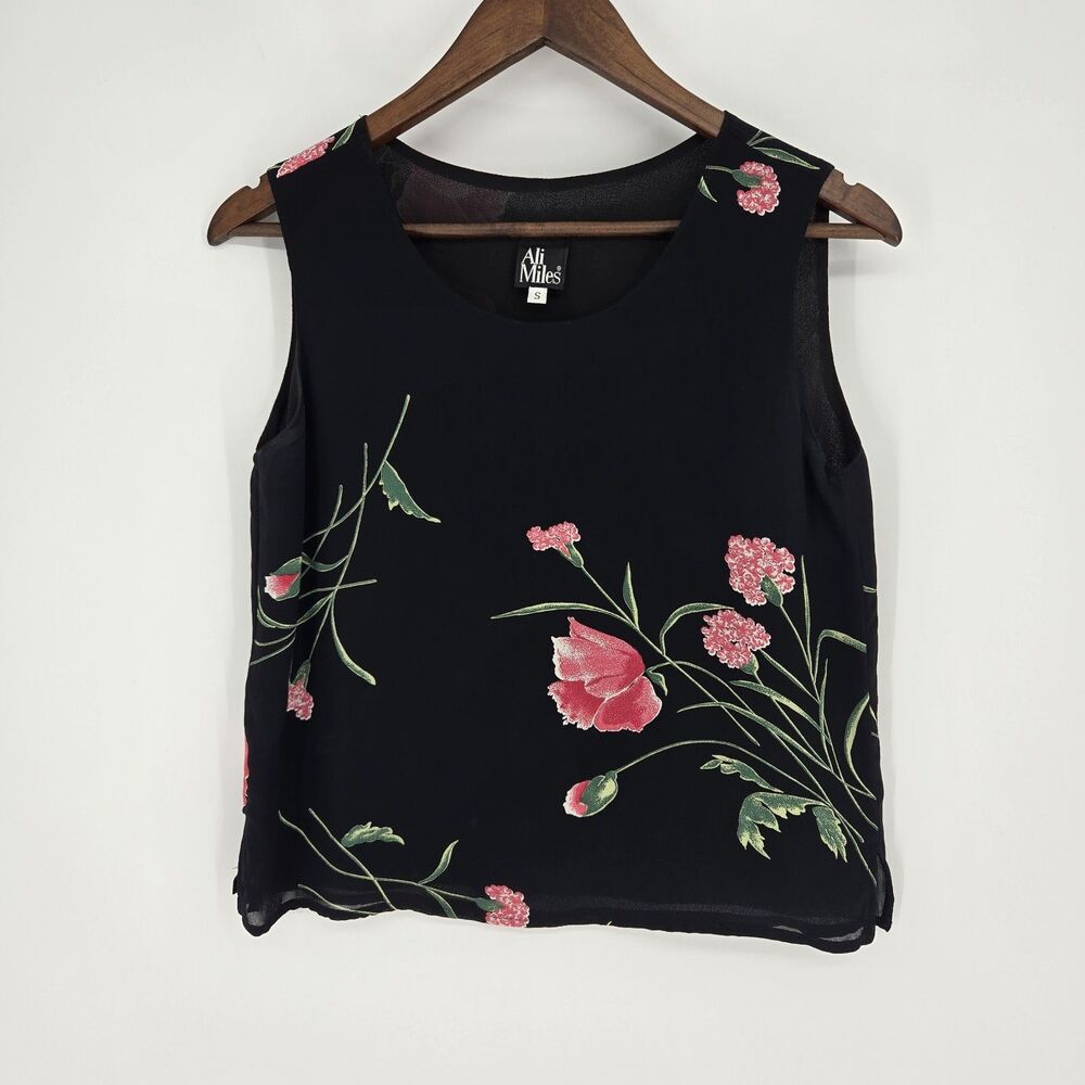 Ali Miles Black Floral Sleeveless Blouse Small